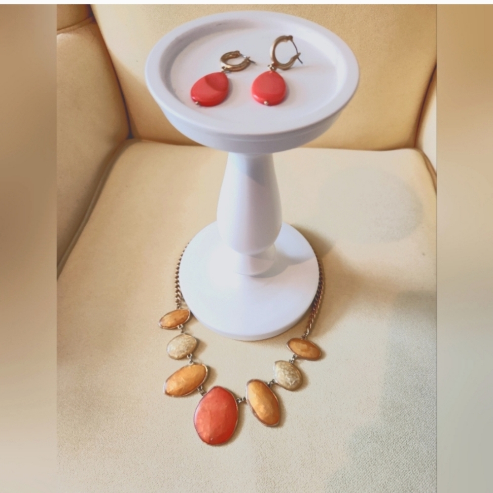 Orange, Coral Gold Enamel Necklace Earrings Set Earring 1.5" drop, Necklace 20"